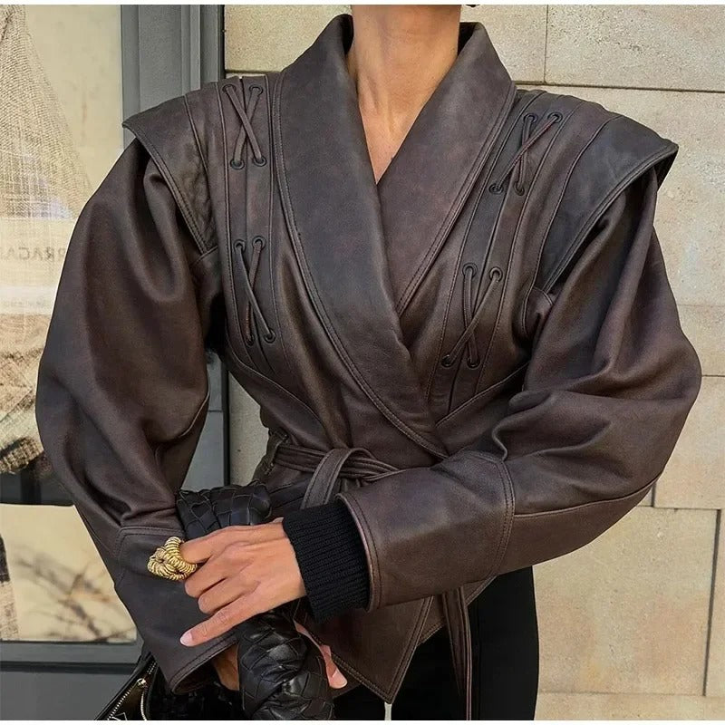 Vintage Unique Solid Lace-up Women's Short Leather Jacket