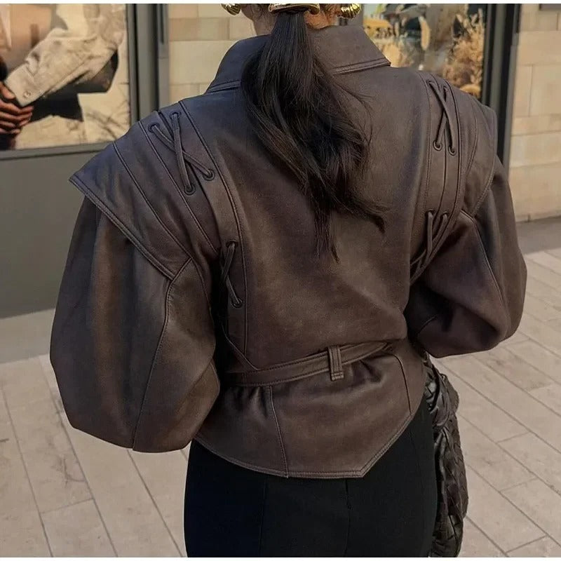 Vintage Unique Solid Lace-up Women's Short Leather Jacket