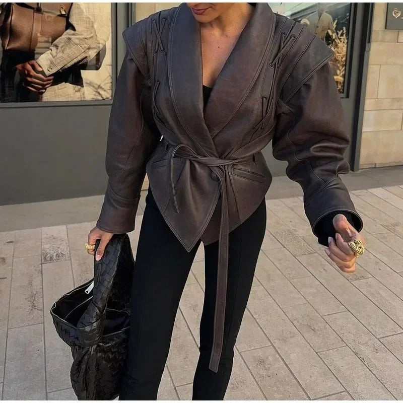 Vintage Unique Solid Lace-up Women's Short Leather Jacket