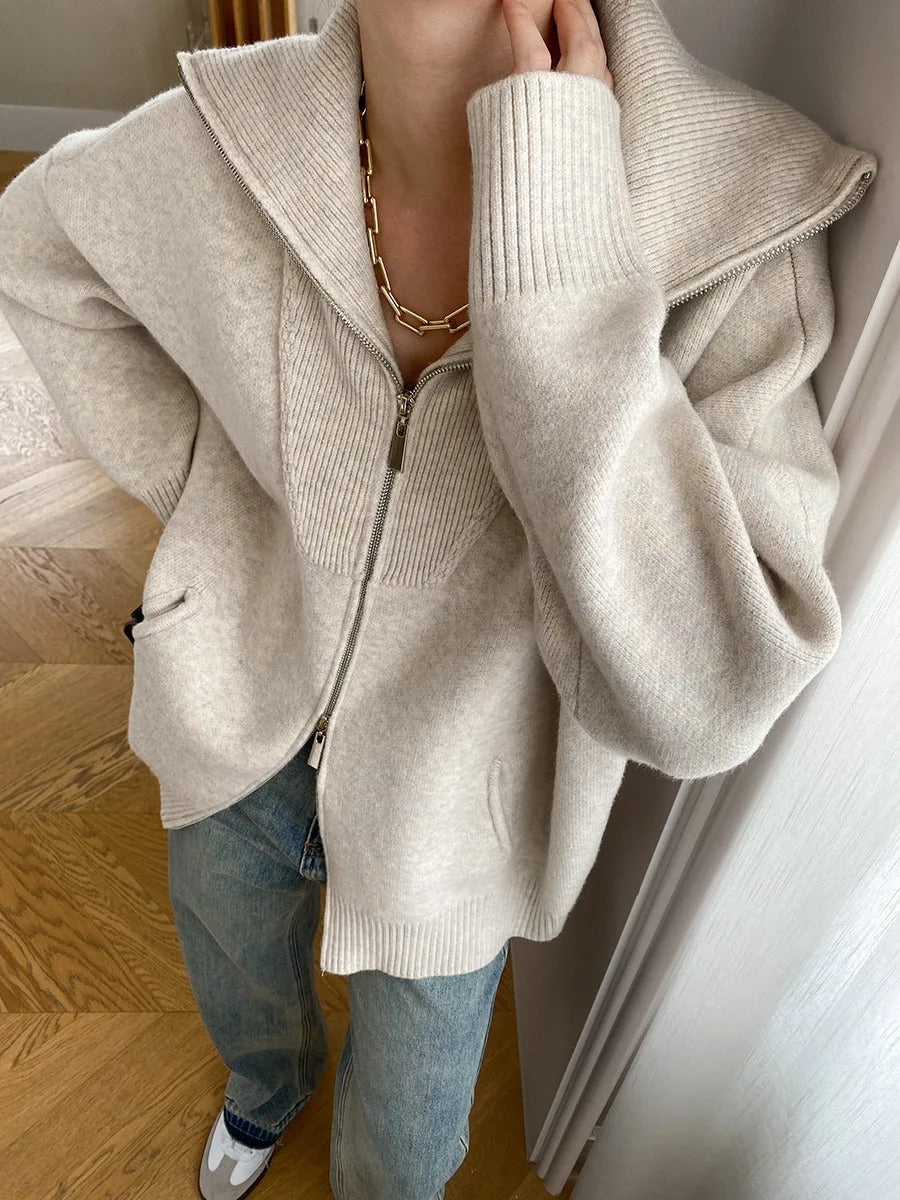 Lapel Double Zip Up Sweater Cardigan